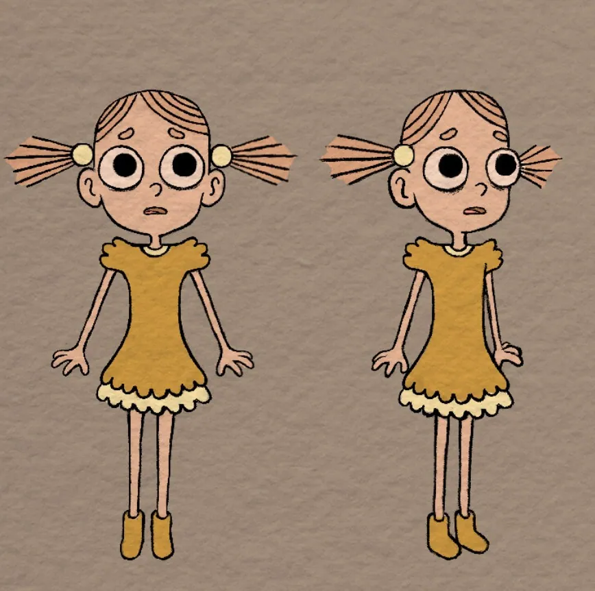 Two views of a hand-drawn girl character with pigtails and a mustard dress, on a textured paper background
