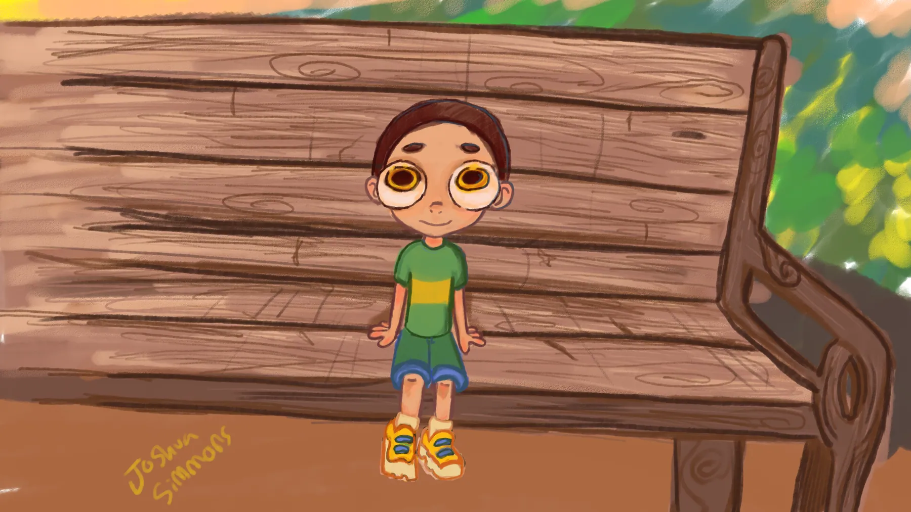 Painted illustration of a wide-eyed boy sitting on a wooden park bench in dappled afternoon light