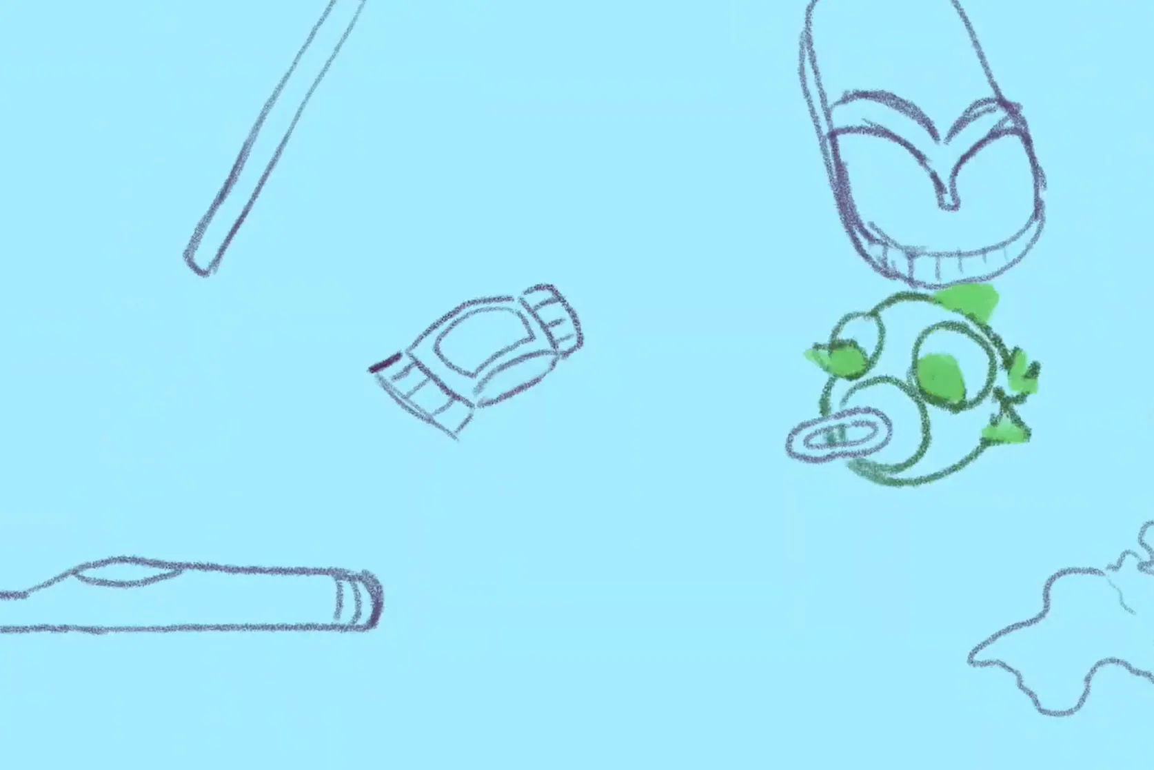 A rough pencil animation frame on a pale blue background showing a sketched fish and floating objects