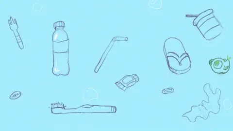 A hand-drawn fish swimming through floating plastic litter, animating in a loop